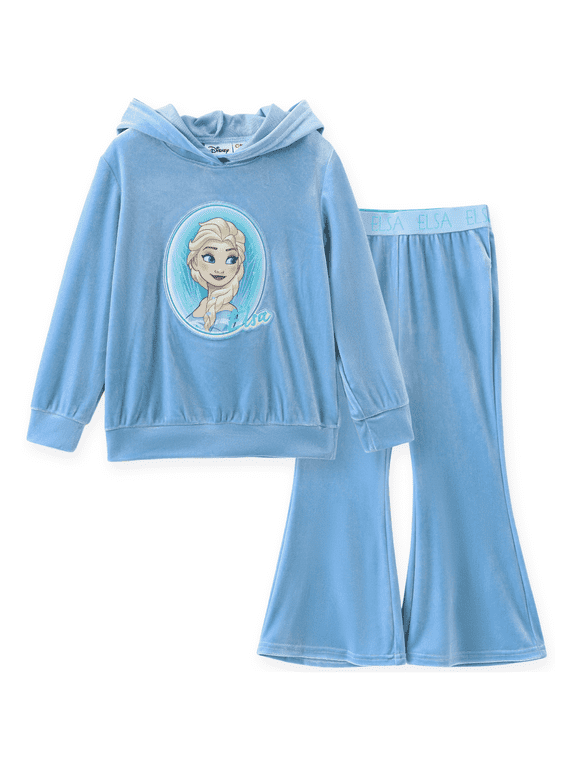 Frozen Girls Sweatshirts Elsa Character Graphic Hoodie and Pants Blue Velvet 2 Pieces Sets Sizes 2-6