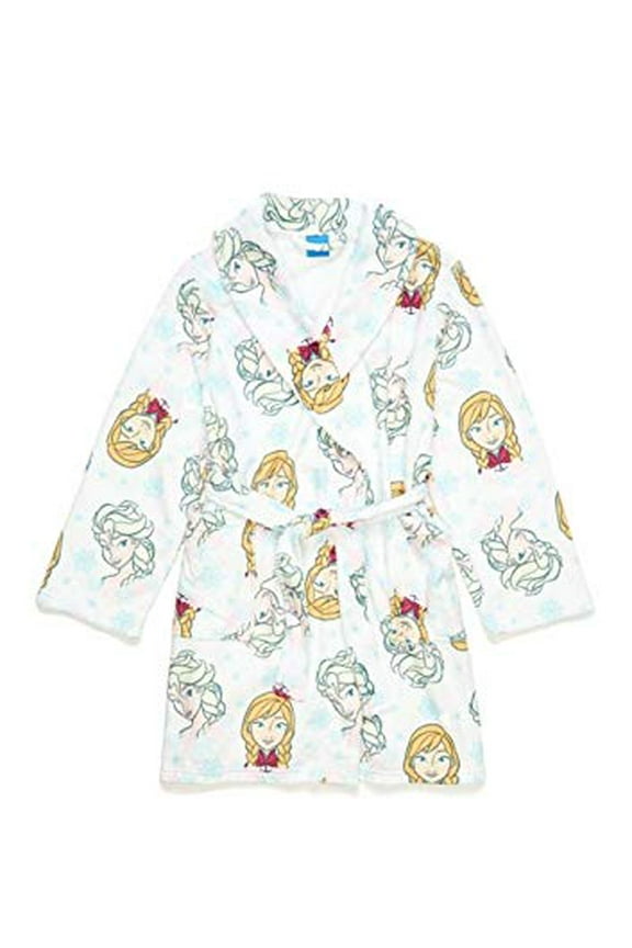 Frozen II Anna and Elsa, Pastel Snowflakes Plush White Minky Bathrobe, Robe, Size 8