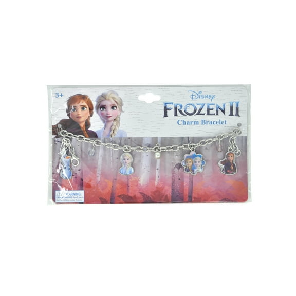 Disney Frozen II Charm Bracelet with Elsa, Anna, 7 inches, Includes 2 Metal Charms in Silver-tone