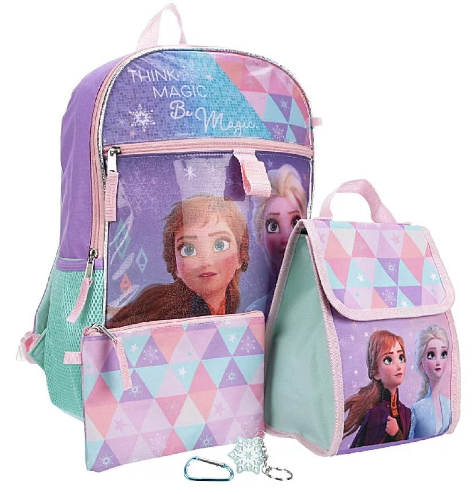 Disney Frozen Kids Backpack 5 Piece Set With Lunch Bag, Supply Case, Carbiner, and Key Chain