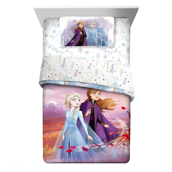 Disney Frozen Kids Full Bed in a Bag, Comforter and Sheets, Purple and Blue