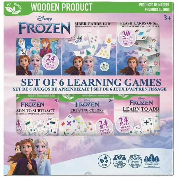 Disney: Frozen Learning Games - Set Of 6 - Wooden Puzzles & Flashcards, Bilingual, Fun Educational Based Play, Shapes-Colors-Numbers-Math, Kids 3+