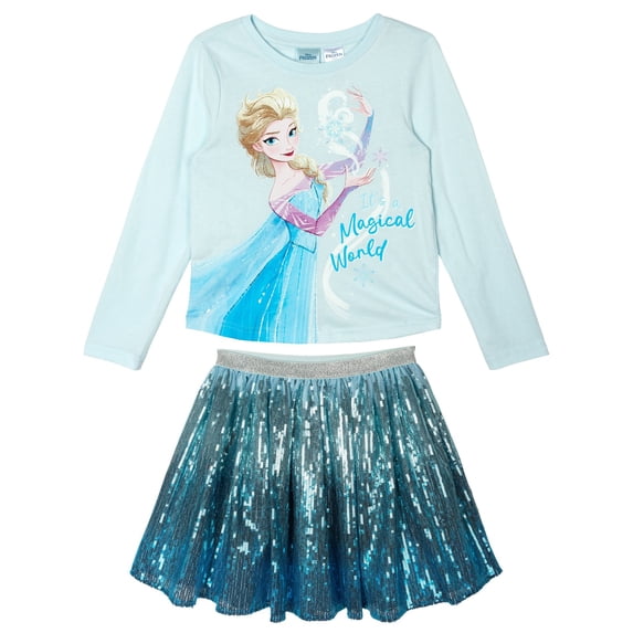 Disney Frozen Little Girls' Long Sleeve Tee and Sequin Skirt Set Ice Blue Elsa