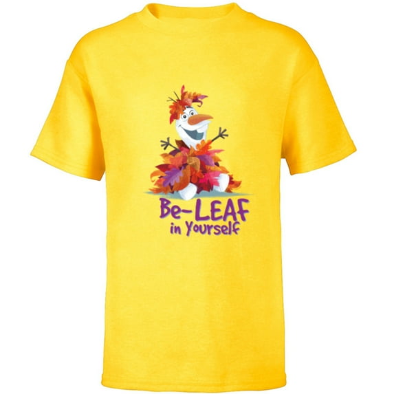 Disney Frozen Olaf Autumn Fall Funny Be-LEAF in Yourself - Short Sleeve T-Shirt for Kids - Customized-Yellow