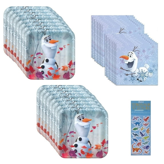 Disney Frozen Olaf Birthday Party Supplies Bundle includes 16 Paper Plates 7", 16 Paper Napkins 2-Ply 5", 1 Dinosaur Sticker Sheet