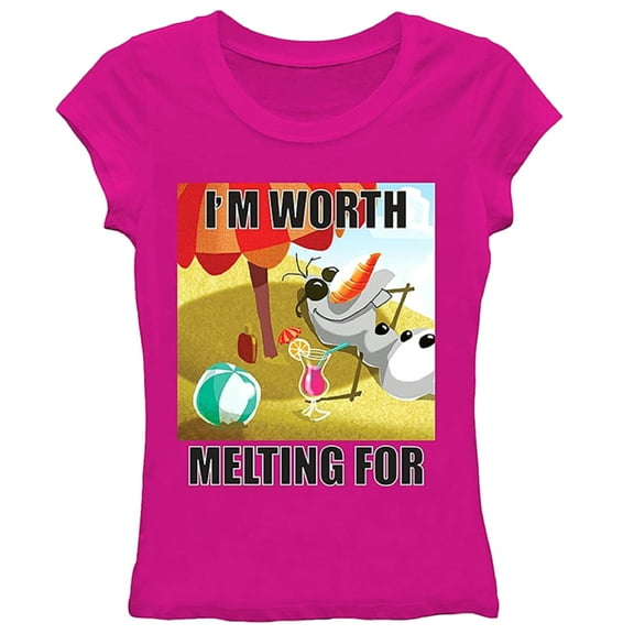 Disney Frozen Olaf I'm Worth Melting For Junior Women's Pink T-Shirt (Medium)
