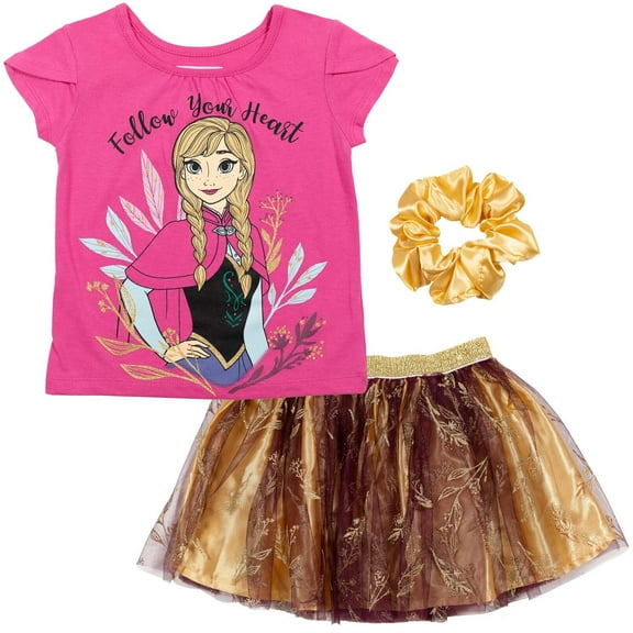 Disney Frozen Princess Anna Big Girls T-Shirt Skirt and Scrunchie 3 Piece Outfit Set Toddler to Big Kid