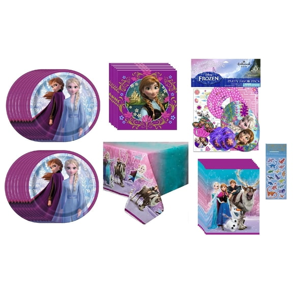 Disney Frozen Princess Elsa Anna Birthday Party Supplies Bundle includes 16 Dessert Cake Plates, 16 Napkins, 1 Table Cover, 8 Loot Bags, 48 Piece Party Favors