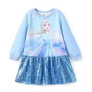 Disney Frozen Toddler Girls Dresses Elsa Anna Graphic Sequins Long Sleeves Dress Sizes 3-6