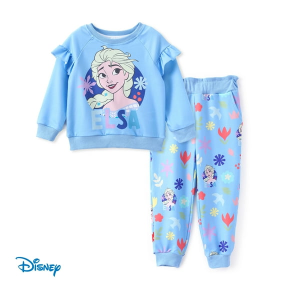 Disney Frozen Toddler Girls Swesatshirt Elsa/Anna Floral Ruffle Sleeve Top with Jogger Pants 2 Pieces Outfit Sets Sizes 2-6
