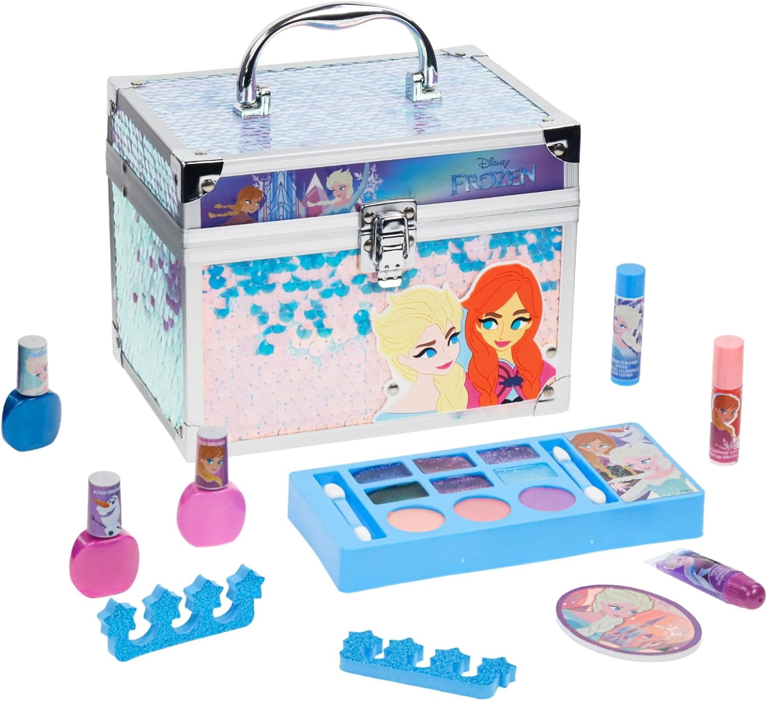 Disney Frozen Train Case Beauty Set, Kids Makeup Kit for Girls, Real Washable Makeup Set, Play Makeup, Party Favor, Birthday, Ages 3+ by Townley Girl