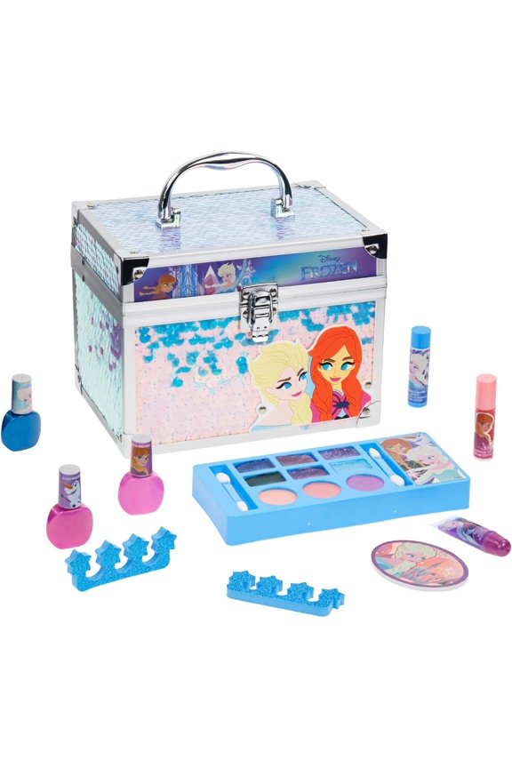 Disney Frozen Train Case Beauty Set, Kids Makeup Kit for Girls, Real Washable Makeup Set, Play Makeup, Party Favor, Birthday, Ages 3+ by Townley Girl