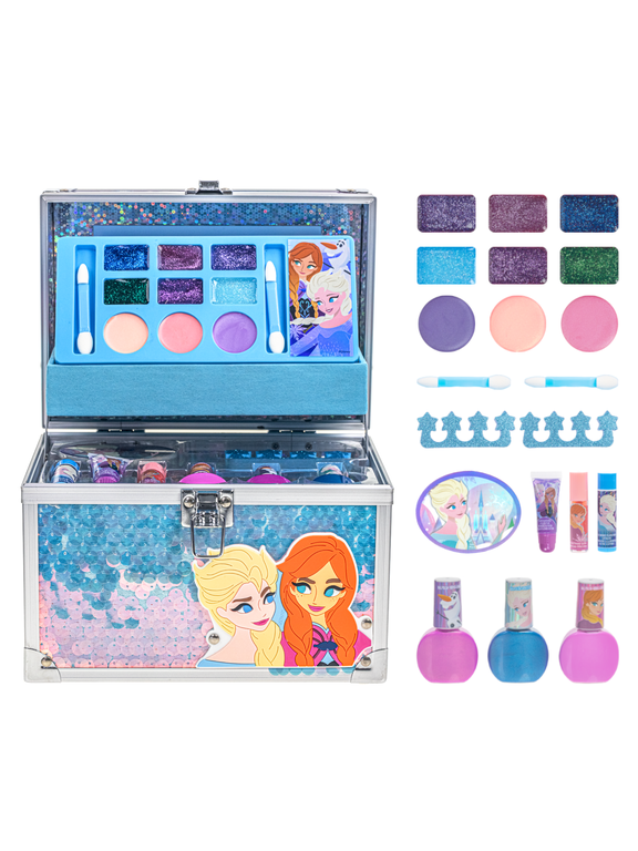 Disney Frozen Train Case Beauty Set, Kids Makeup Kit for Girls, Real Washable Makeup Set, Play Makeup, Party Favor, Birthday, Ages 3+ by Townley Girl