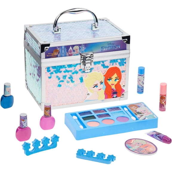 Disney Frozen Train Case Beauty Set, Kids Makeup Kit for Girls, Real Washable Makeup Set, Play Makeup, Party Favor, Birthday, Ages 3+ by Townley Girl