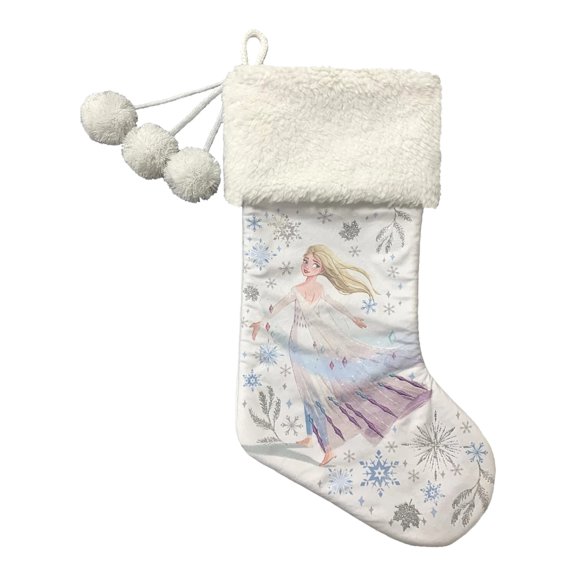 Disney Frozen White Glitter & Faux Fur Holiday Christmas Stocking