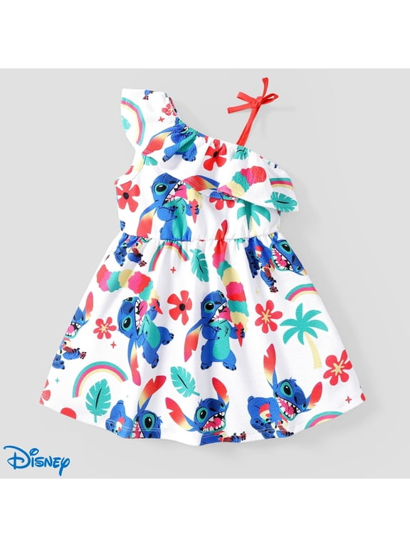 Girl Dress, Stitch Graphic Floral Dress with Ruffled One Shoulder, White Sleeveless Casual Dress Outfit Cloth for Summer, Sizes 3T