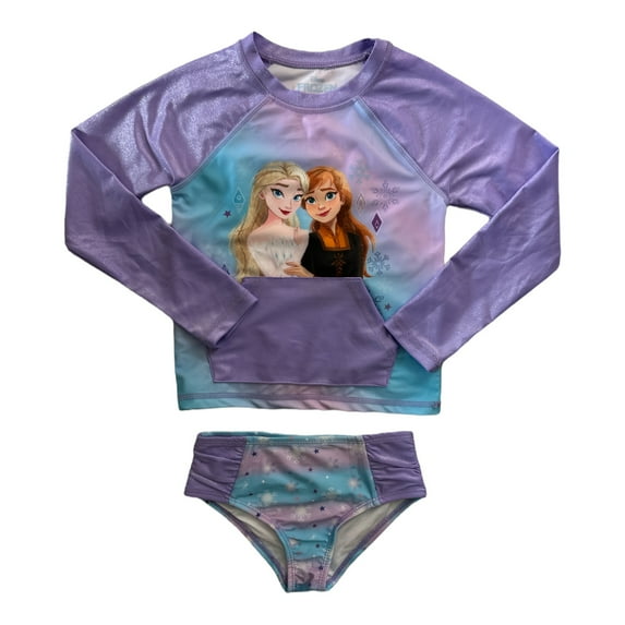 Disney Girl's 2 Piece Long Sleeve Rash Guard & Brief Bottom Swim Set (Frozen, 6)