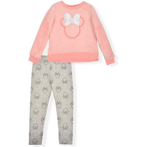 Disney Girl's 2-Piece Minnie Mouse Legging Pants Set with Sequined Pullover Long Sleeve Shirt, Red/Black