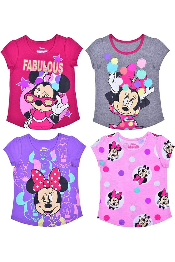 Girl's Minnie Mouse 4 Pack Short Sleeves Tee Shirt Set, Fashionable Bundle for Kids
