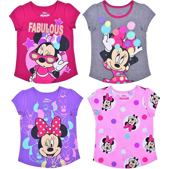 Disney Girl's Minnie Mouse 4 Pack Short Sleeves Tee Shirt Set, Fashionable Bundle for Kids