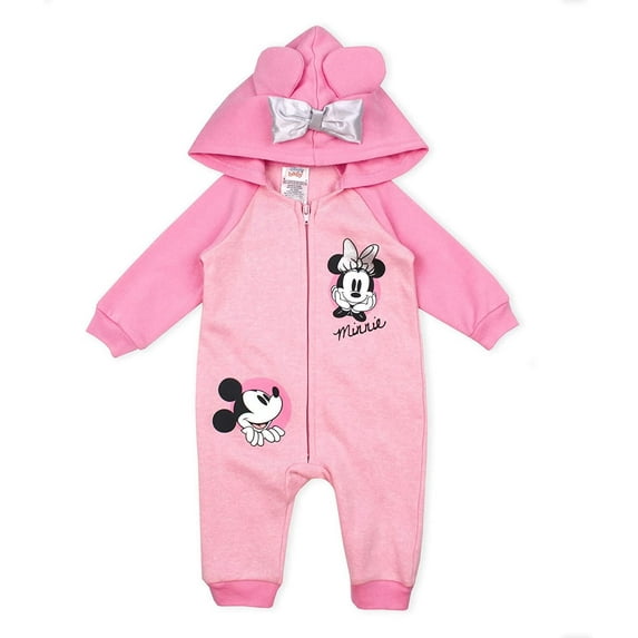 Disney Girl's Minnie Mouse Footed Coverall Bodysuit Creeper with Hood and 3D Mouse Ears
