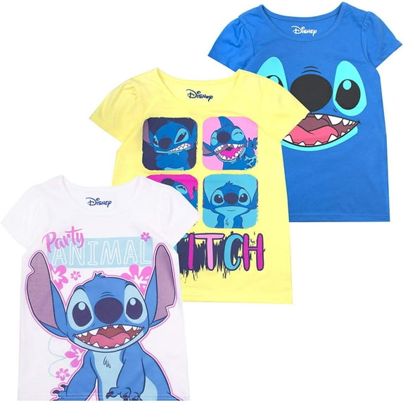 Disney Girls 3-Pack Short Sleeve T-Shirts, Casual Clothing for Toddlers and Kids - Stitch