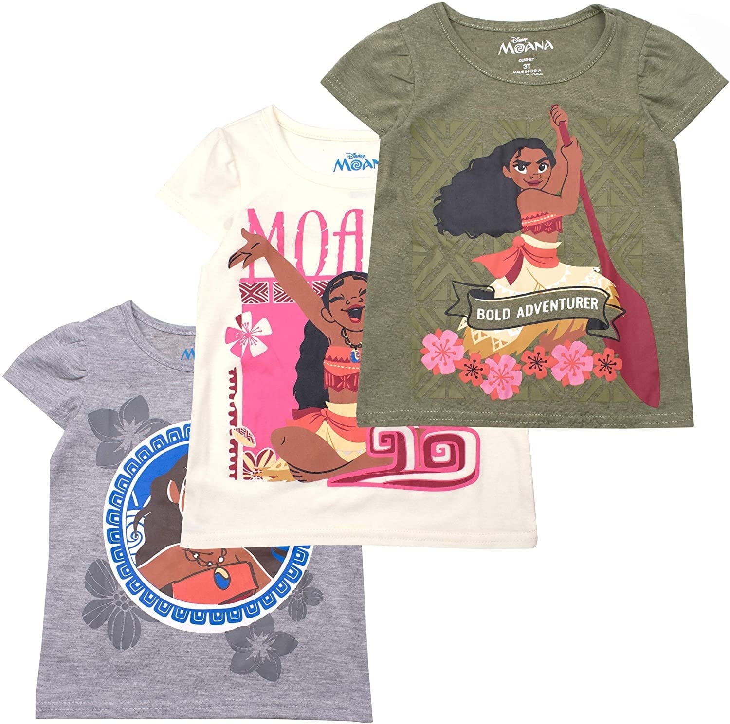Moana Girls 3 Pack Short Sleeve T-Shirts for Toddlers to Big Kids Sizes 2T-7
