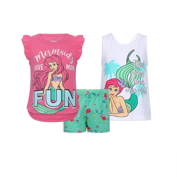 Disney Girls Ariel The Little Mermaid 3-Piece T-Shirt, Tank Top and Shorts Set for Toddlers