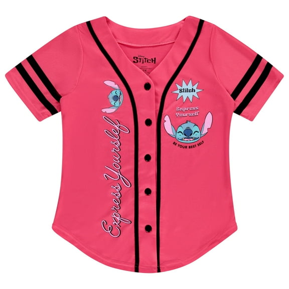 Disney Girls Baseball Jersey T-Shirt with Lilo & Stitch and Mickey Mouse- Girls Sizes 4-16 Hot Pink