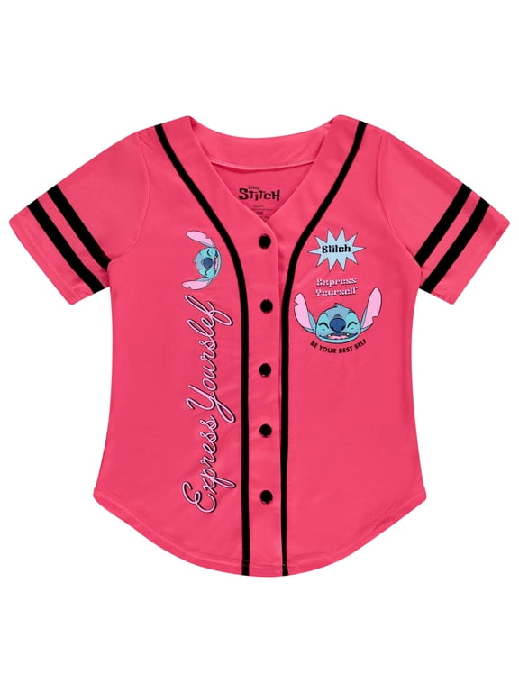 Girls Baseball Jersey T-Shirt with Lilo & Stitch and Mickey Mouse- Girls Sizes 4-16 Hot Pink
