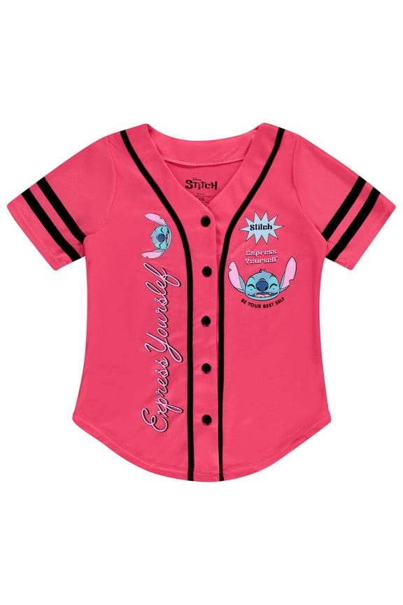 Girls Baseball Jersey T-Shirt with Lilo & Stitch and Mickey Mouse- Girls Sizes 4-16 Hot Pink