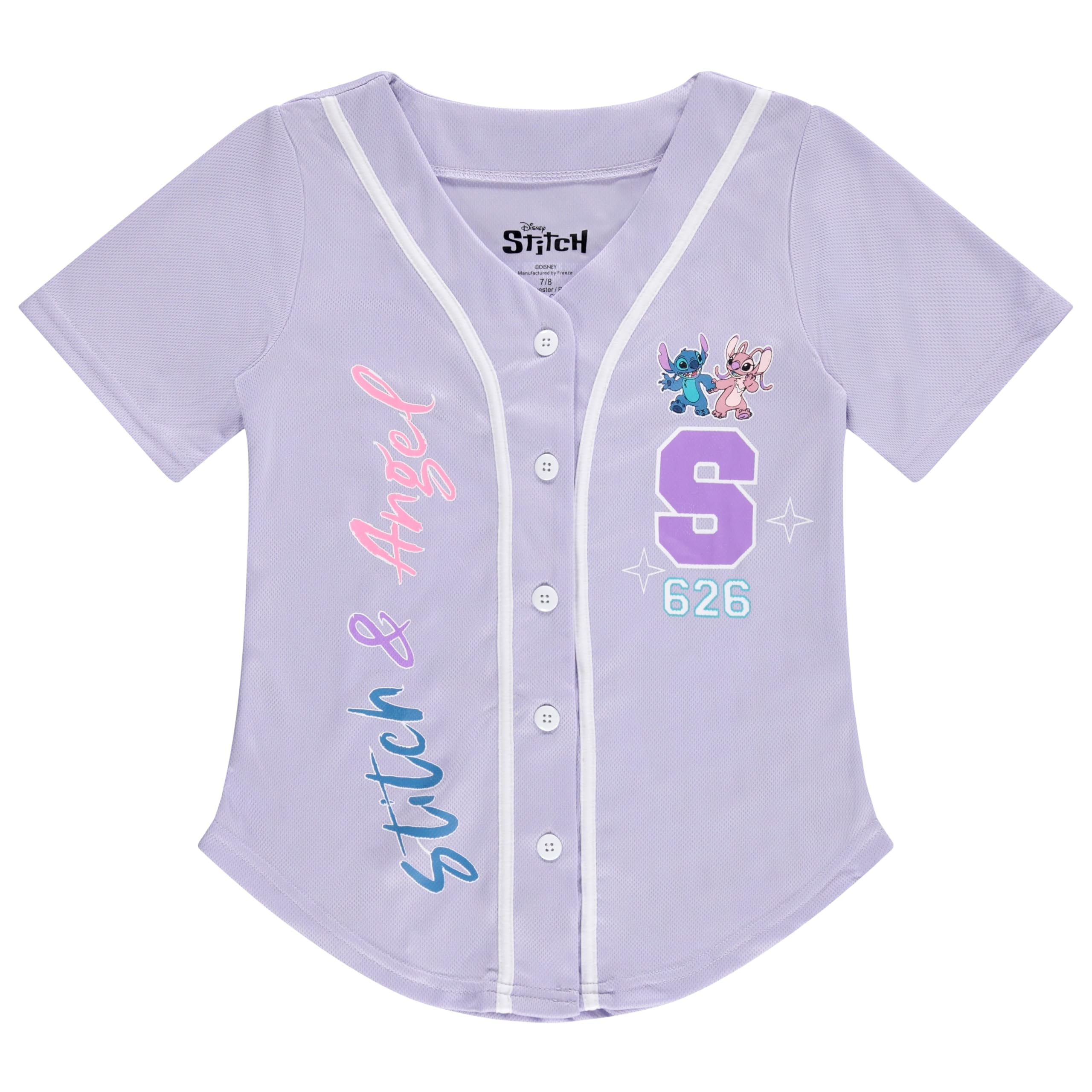 Disney Girls Baseball Jersey T-Shirt with Lilo & Stitch and Mickey Mouse- Girls Sizes 4-16 Lavender