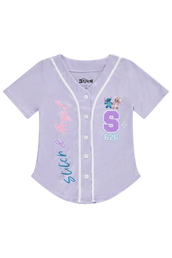 Girls Baseball Jersey T-Shirt with Lilo & Stitch and Mickey Mouse- Girls Sizes 4-16 Lavender