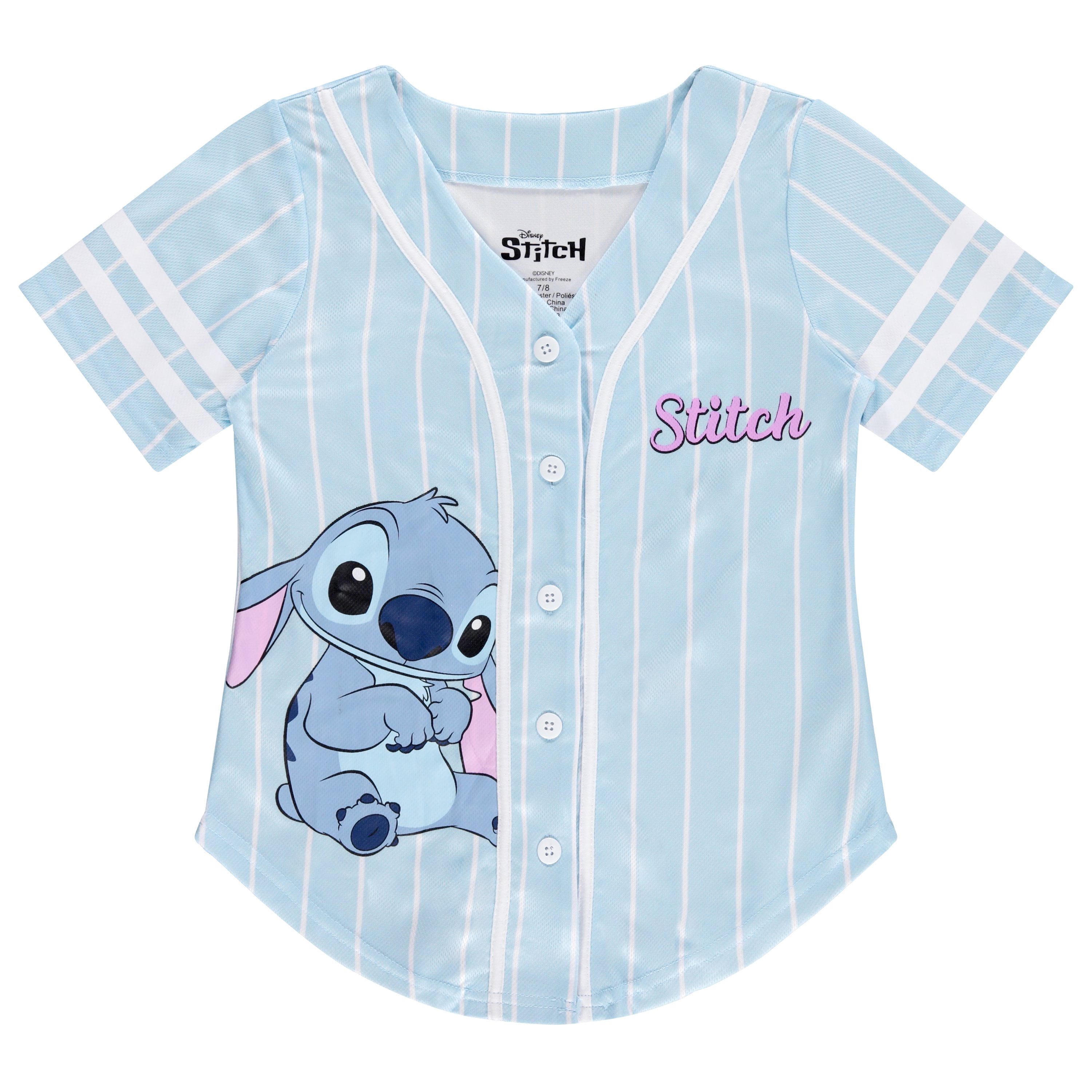 Disney Lilo & Stitch Girls Baseball Jersey Shirt Button Down Kids Tee Stitch Angel Sizes 4-16 Mint/White
