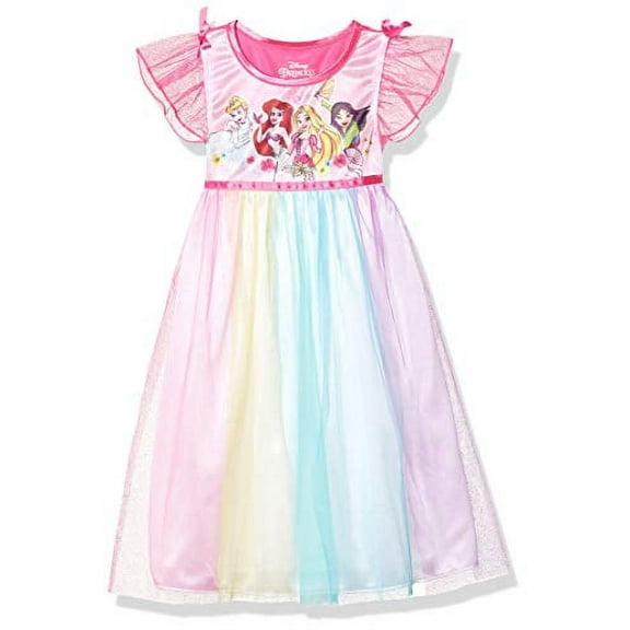 Disney Girls' Big Fantasy Nightgown, Multi-Princess Rainbow Bliss, 4