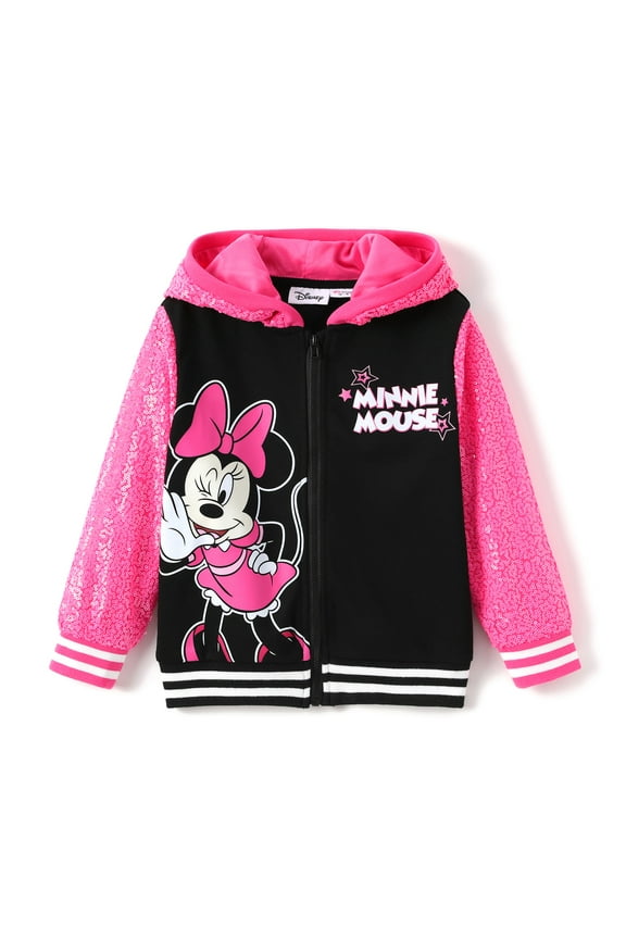 Girls Bomber Jackets Minnie Colorblock Sequin Zip Up Hoodie Lightweight Sweatshirts For Toddler Kids