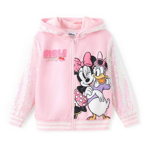 Disney Girls Bomber Jackets Minnie Daisy Sequin Zip Up Hoodie Lightweight Sweatshirts For Toddlers Kids
