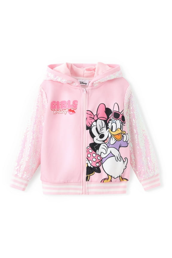 Girls Bomber Jackets Minnie Daisy Sequin Zip Up Hoodie Lightweight Sweatshirts For Toddlers Kids