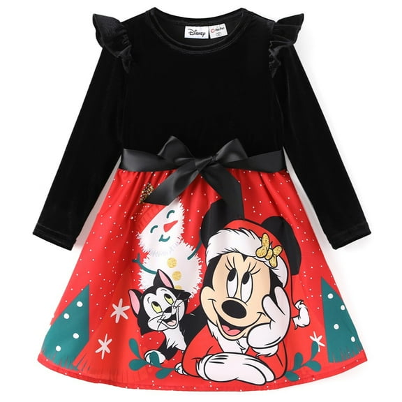 Disney Girls Christmas Dresses Minnie Mouse Graphic Velvet Long Sleeve Top with Printed Skirt and Bow 3T