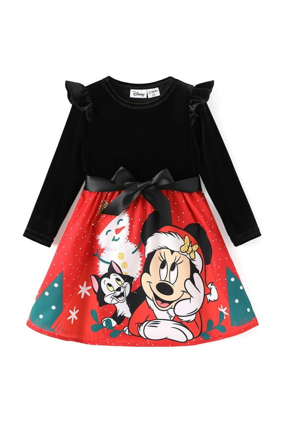 Girls Christmas Dresses Minnie Mouse Graphic Velvet Long Sleeve Top with Printed Skirt and Bow 3T