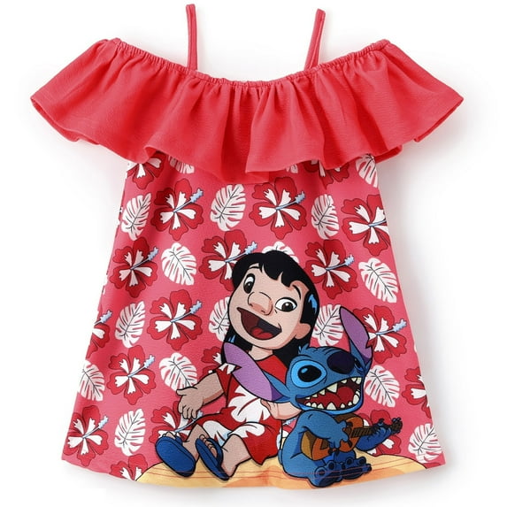 Disney Girls Dresses Lilo & Stitch Graphic Off Shoulder Ruffle Summer Casual Red Dress Kids 5-6Y