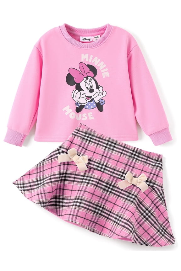 Girls Dresses Sets Minnie Pink Graphic Crewneck Crop Sweatshirt and Plaid Skirt Outfits Toddler Kids 3-4T