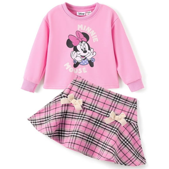Disney Girls Dresses Sets Minnie Pink Graphic Crewneck Crop Sweatshirt and Plaid Skirt School Outfits Kids 5-6Y