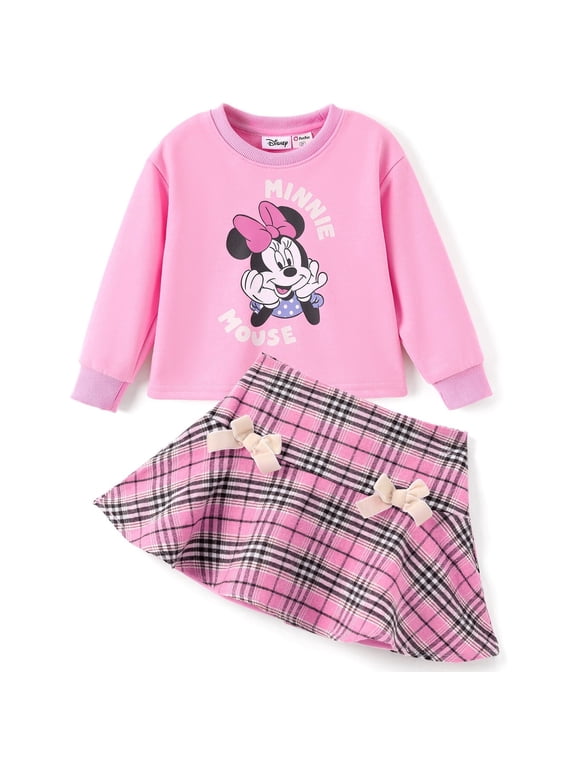 Girls Dresses Sets Minnie Pink Graphic Crewneck Crop Sweatshirt and Plaid Skirt School Outfits Kids 5-6Y