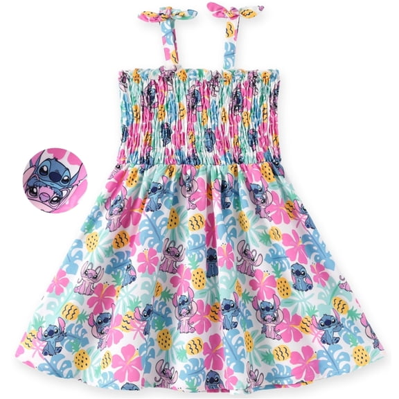 Disney Girls Dresses Stitch Angle Hawaiian Smocked Floral Sundress Halter Easter Dress Kids 6-7Y