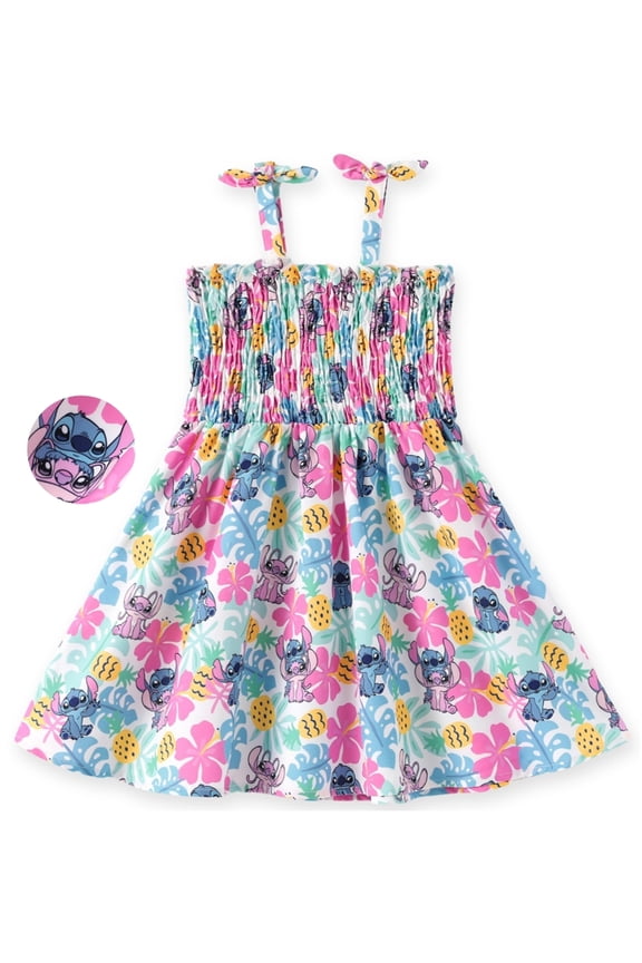 Girls Dresses Stitch Angle Hawaiian Smocked Floral Sundress Halter Easter Dress Toddlers Kids 3-4T