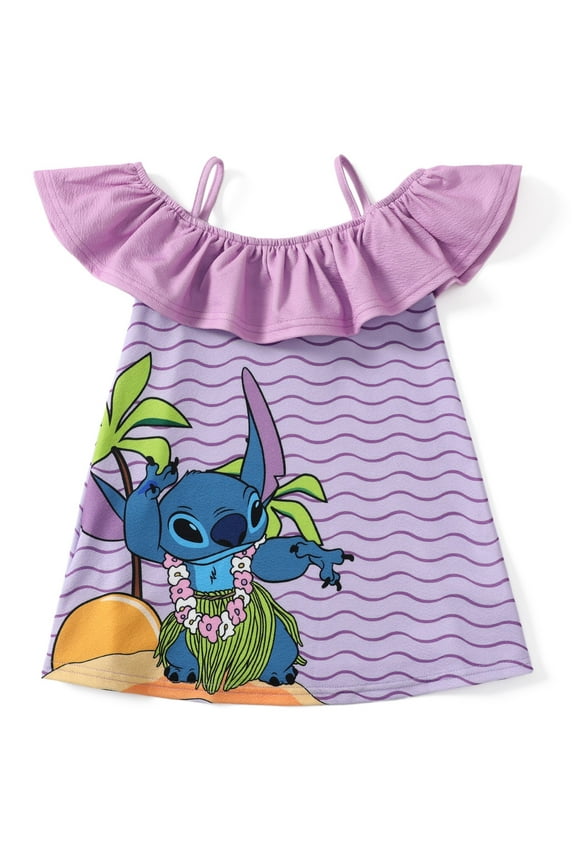 Girls Dresses Stitch Graphic Off Shoulder Flutter Sleeve Summer Casual Hawaii Dress Kids 5-6Y