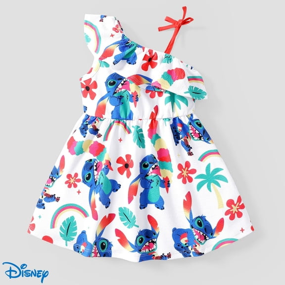 Disney Girls Dresses Stitch Hawaiian Flower Floral Off Shoulder Sundress Easter White Summer Beach Dress Kids 8-9Y