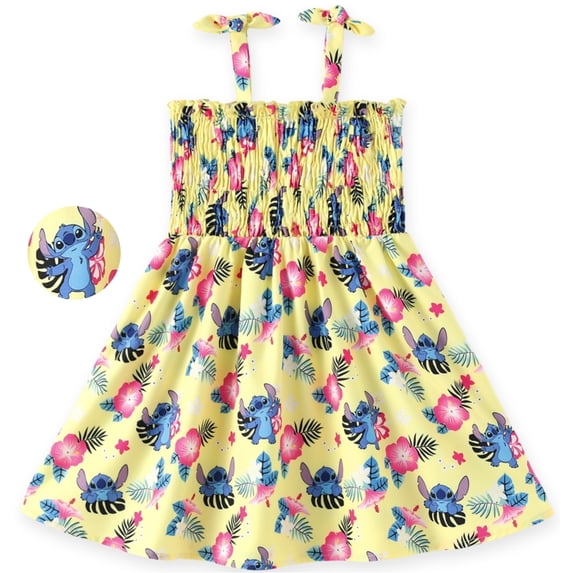 Disney Girls Dresses Stitch Hawaiian Flower Floral Sundress Spaghetti Strap Birthday Summer Dress Kids 8-9Y
