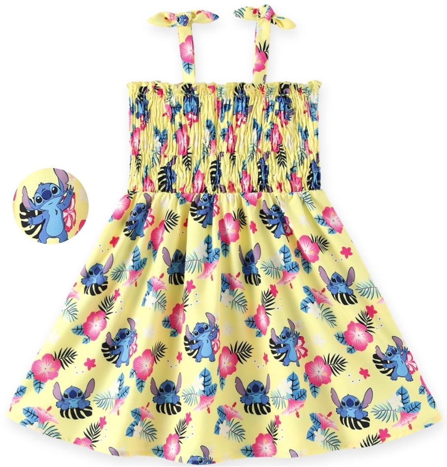 Disney Girls Dresses Stitch Hawaiian Flower Floral Sundress Spaghetti Strap Birthday Summer Dress Toddlers Kids 3-4T